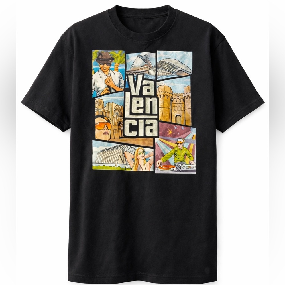 VALENCIA Graphic Tee Black XL Travel Cityscape Shirt Retro T-Shirt